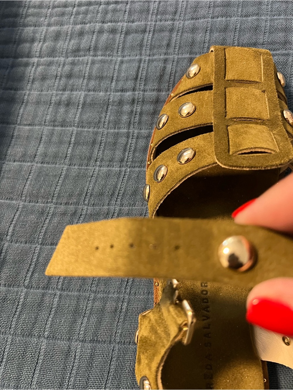 Freda Salvador: Sera Fisherman Sandal - Olive Suede w/ Gold Studs EUC - Picture 10 of 13